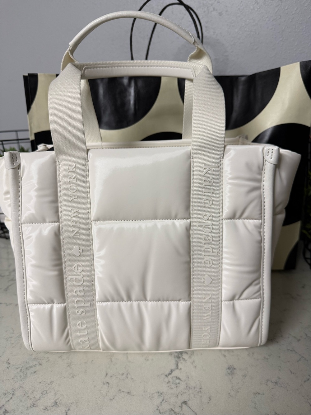 kate spade Cream Quilted Tote with Branded Webbing Handles